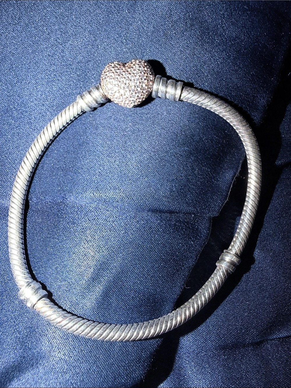 Pandora Moments Pavé Heart Clasp Snake Chain Bracelet, Silver & Rose Gold